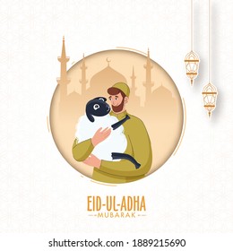 Muslim Man holding a Cartoon Sheep with Silhouette Mosque and Hanging Sticker Style Lanterns on White Arabic Pattern and Paper Cut Circle Shape Background.