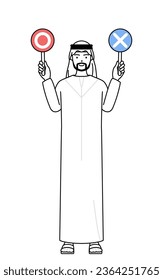 Muslim Man holding a placard indicating correct and incorrect answers, Vector Illustration