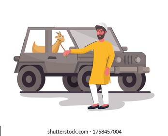 Muslim Man holding a Rope of Goat on Jeep Illustration.
