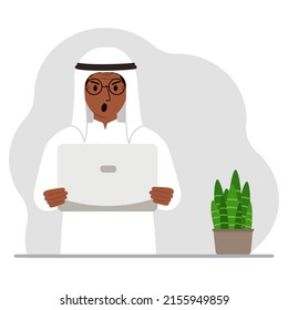 Un musulmán sostiene o usa un ordenador portátil. Concepto de tecnología informática portátil. Ilustración plana vectorial.