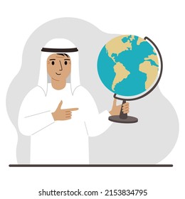A muslim man holds a globe in his hand and points his finger at it. The concept of education, teacher, world conquest, ecology. Vector flat illustration