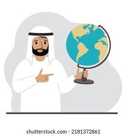 A muslim man holds a globe in his hand and points his finger at it. The concept of education, teacher, world conquest, ecology. Vector flat illustration
