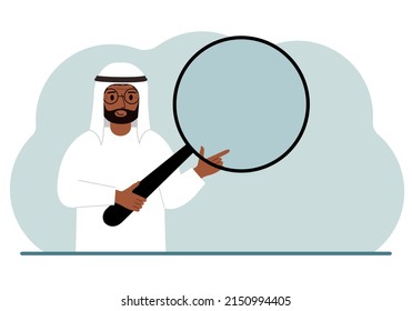A muslim man holds a large loupe or magnifying glass in his hands. Vector flat illustration