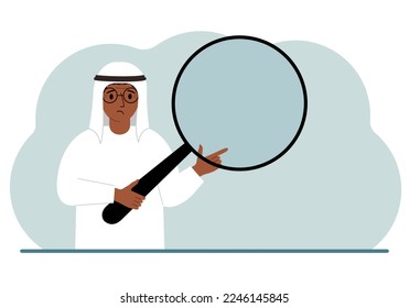 A muslim man holds a large loupe or magnifying glass in his hands. Vector flat illustration