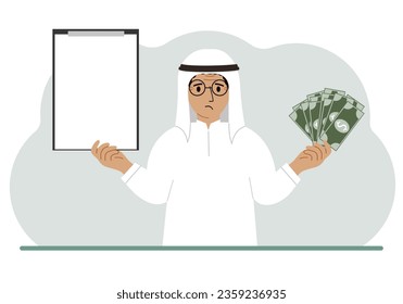 A muslim man holds a lot of paper money in one hand and in the other a clipboard empty for text. Concept for advertising banner or poster of earning or saving money.