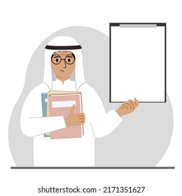 A muslim man holds a stack of books in one hand, a clipboard in the other, space for text. Knowledge, education, teaching, personal improvement, reading list. Vector flat illustration.