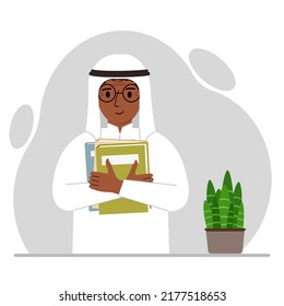 A muslim man holds a stack of books in his hands. Knowledge or education for future work, personal improvement, reading list. Vector flat illustration