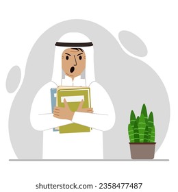 A muslim man holds a stack of books in one hand, a clipboard in the other, space for text. Knowledge, education, teaching, personal improvement, reading list.