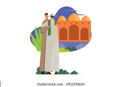 Muslim Man Hug Each Other Illustration. Flat Character Illustration. Islamic Mosque Background.