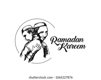 Muslim man hugging and wishing to each other on occasion of Eid ( Eid al-Fitr ) celebration, Hand Drawn Sketch Vector illustration.