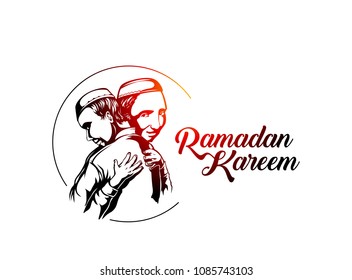Muslim man hugging and wishing to each other on occasion of Eid ( Eid al-Fitr ) celebration, Hand Drawn Sketch Vector illustration.