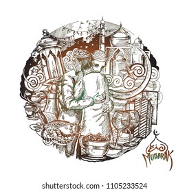 Muslim man hugging and wishing to each other on occasion of Eid ( Eid al-Fitr ) celebration, Hand Drawn Sketch Vector illustration.