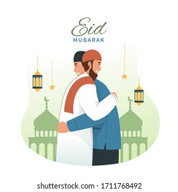 Muslim man hugging and wishing each other. Eid mubarak flat cartoon character illustration