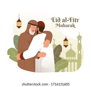 Muslim man hugging and wishing each other. Eid al-fitr mubarak flat cartoon character illustration