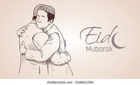 Muslim man hugging and wishing to each other on occasion of Eid hand sketch illustration. Eid Mubarak banner vector. Eid greetings illustrations design.
