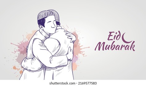 Muslim man hugging and wishing to each other on occasion of Eid. Eid Mubarak banner vector. Eid greetings hand drawing  illustrations design