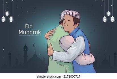 Muslim man hugging and wishing to each other on occasion of Eid. Colorful Eid Mubarak banner vector. Eid greetings illustrations design.