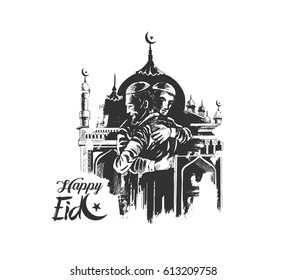  Muslim man hugging and wishing to each other on occasion of Eid celebration, Hand Drawn Sketch Vector illustration.