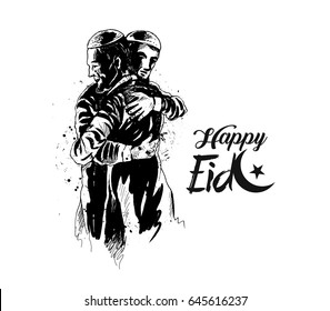Muslim man hugging and wishing to each other on occasion of Eid celebration, Hand Drawn Sketch Vector illustration.