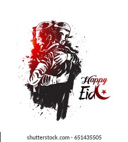 Muslim man hugging and wishing to each other on occasion of Eid celebration, Hand Drawn Sketch Vector illustration.