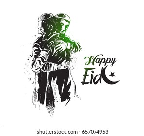 Muslim man hugging and wishing to each other on occasion of Eid celebration, Hand Drawn Sketch Vector illustration.