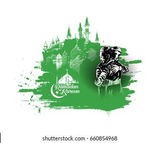 Muslim man hugging and wishing to each other on occasion of Eid celebration, Hand Drawn Sketch Vector illustration.
