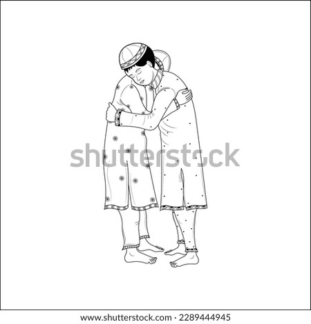 Muslim man hugging and wishing to each other on occasion of Eid celebration, Hand Drawn Sketch Vector illustration 