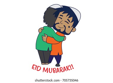 A Muslim Man hugging and wishing EID MUBARAK. Vector Illustration. Isolated on white background.