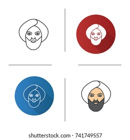 Muslim man icon. Flat design, linear and color styles. Man in turkish turban. Sheikh. Isolated vector illustrations