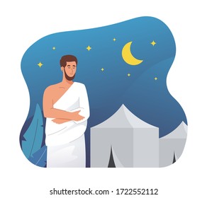 Muslim man in ihram clothes praying at night