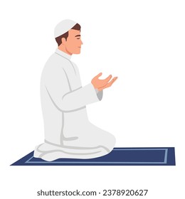 Muslim man kneel and praying. On Ramadan the Moslems pray to Allah. Flat vector illustration isolated on white background