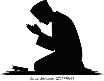Hombre musulmán arrodillado en oración usando palma y dedos. Yemas de los dedos en gesto de oración. Manos juntas apretadas orando con las manos hacia arriba apuntando hacia la esperanza y la paz.