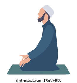 Muslim Man Kneeling And Praying On Carpet.Ramadan Kareem Holy Month Religion Concept. Vector Illustration 