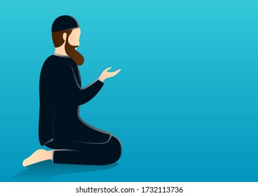 muslim man kneeling and praying. religious and faith concept. house of worship and ramadan kareem concept flat vector illustration