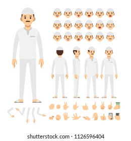 muslim man with koko character set. Full length. Different view, emotion, gesture.
