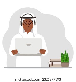 Muslim man with laptop and headphones. Working from home, student, freelancer, assistant, blogger or businessman. Home office concept. Vector flat illustration