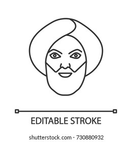Muslim man linear icon. Man in turkish turban. Thin line illustration. Sheikh. Contour symbol. Vector isolated outline drawing. Editable stroke
