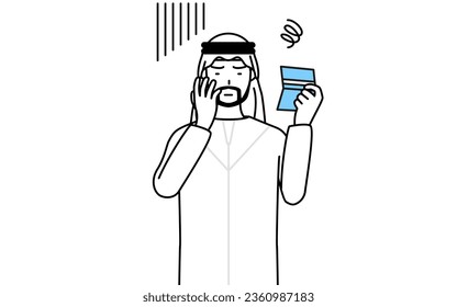 Muslim Man looking at his bankbook and feeling depressed, Vector Illustration