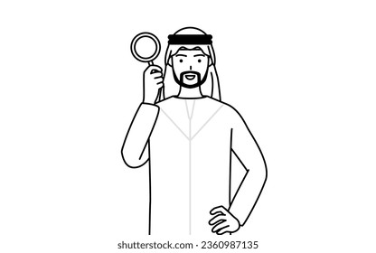 Muslim Man looking through magnifying glasses, Vector Illustration