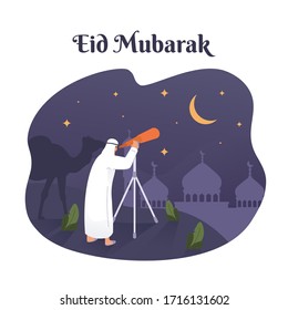Muslim man looking through telescope