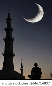 Muslim man making dua with mosque dome