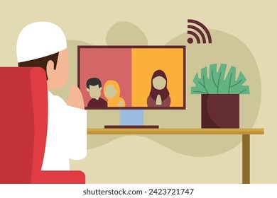 Hombre musulmán haciendo videollamada a amigos y familia celebrando la mubarak plana de segunda ilustración vectorial