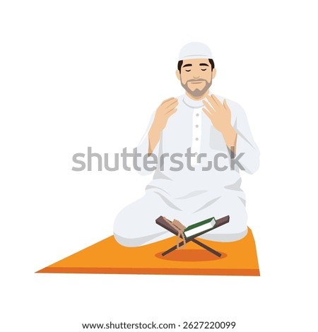 Muslim man is peacefully praying while seated on a prayer mat, with the Quran and prayer beads. Flat vector illustration isolated on white background