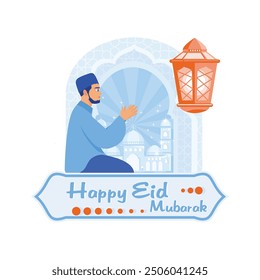 Un hombre musulmán realiza una oración. Oren a Dios. Feliz concepto de Eid Mubarak.  Ilustración vectorial plana.