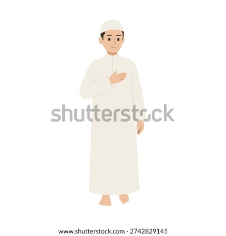 Muslim man placing hand on chest for sincere greeting flat vector