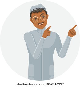 muslim man point presenter man presenting pointing at side a positive feeling