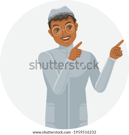 muslim man point presenter man presenting pointing at side a positive feeling