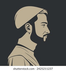 Retrato de hombre musulmán. Perfil silueta de hombre de Oriente Medio en vestido tradicional. Pueblo étnico árabe. Ilustración vectorial sobre fondo negro