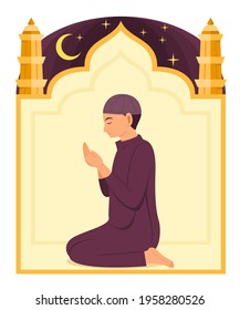 Muslim Man Pray to the God and Mosque Frame is Background.