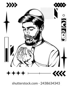 muslim man pray line art style ,brutalism background